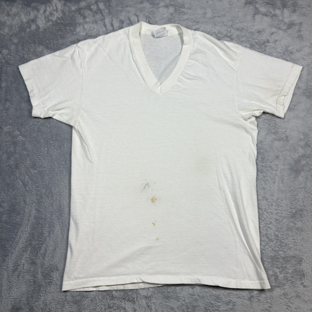 Vintage‎ Sears Shirt Mens Large White V Neck Single Stitch Thin Stained 80s